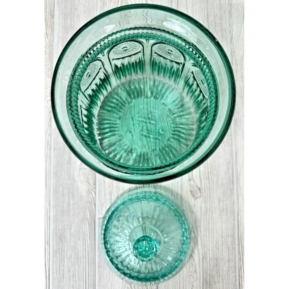 The Pioneer Woman Adeline Turquoise Pressed Glass Lidded Cookie Jar Embossed